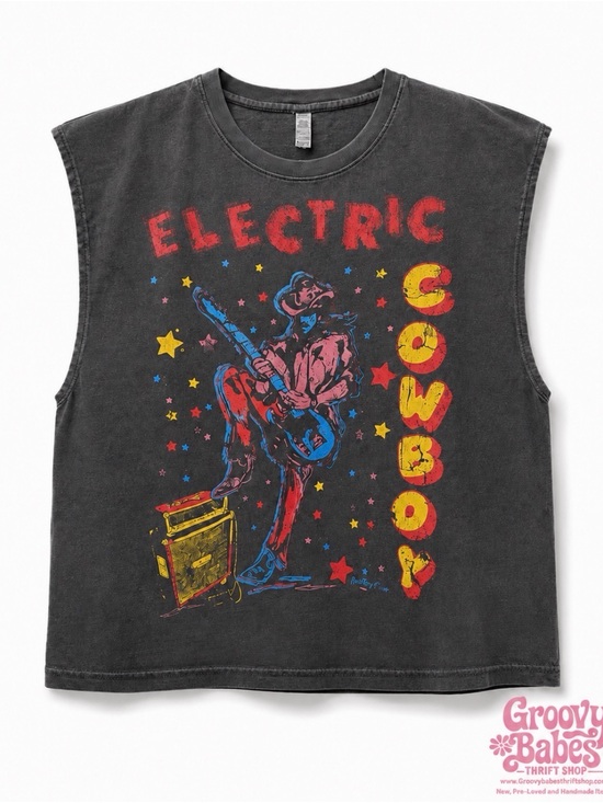 Tops - Electric Cowboy Graphic Boxy Cropped Muscle Tee - Black